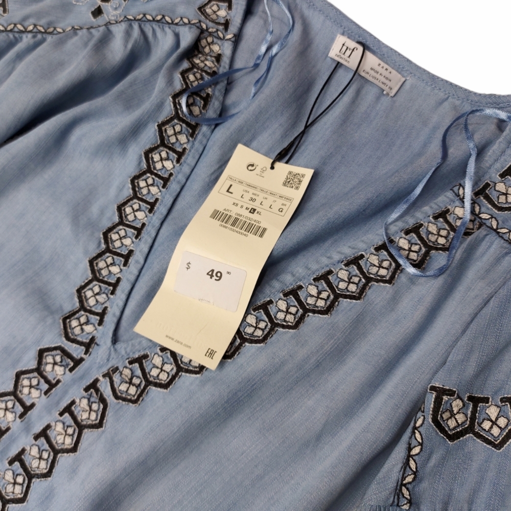 Light Blue Embroidered V-Neck Women's Top - Picture 12 of 13